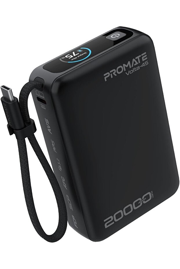 20000mAh Volta-45 Power Bank with 45W Fast Charging (Black) Built-in USB-C Cable, Triple Dev