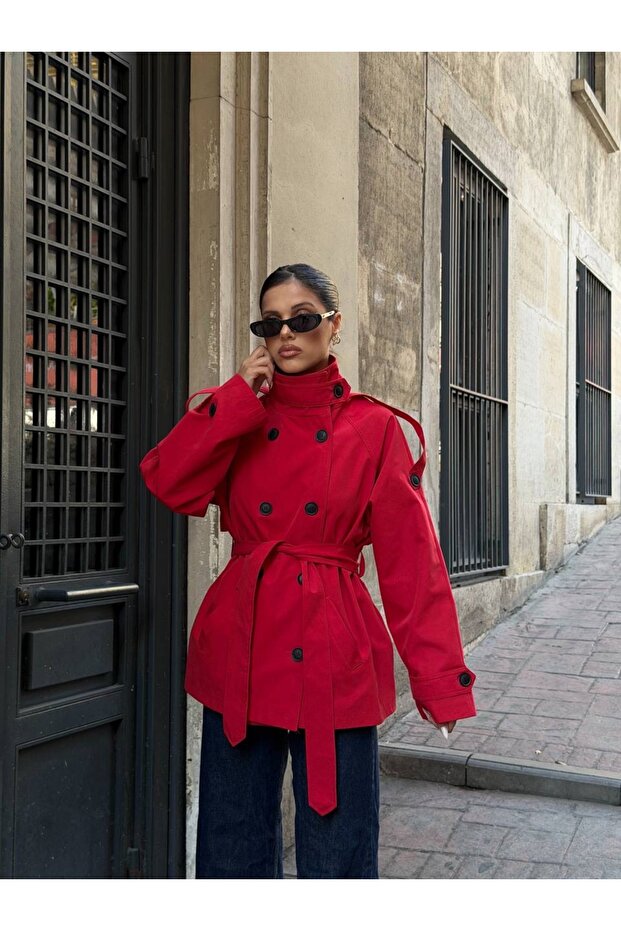 Araboy Stand Collar Buttoned Double Breasted Trench Jacket