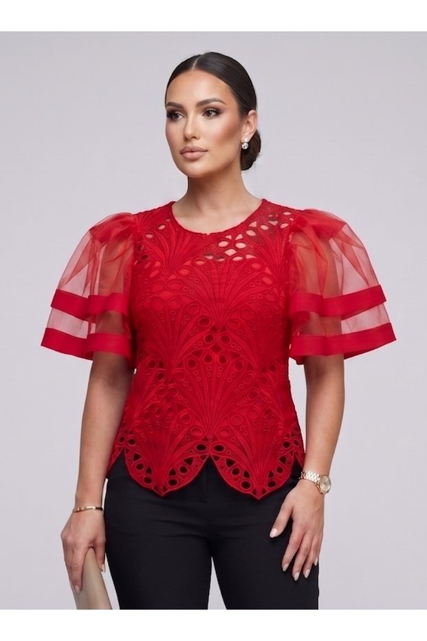 Women's Plus Size Evening Dress Top Segment High Quality Athlete-Specified Volan Tulle Sleeves Italian Lace Blouse.