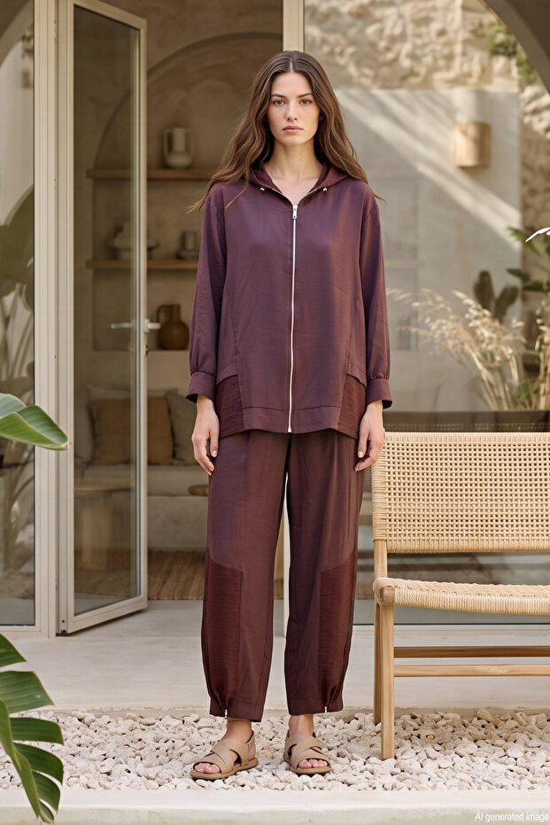 Tuniğin Front Zipper Detailed Hooded Pantsuit 2291 Claret Red
