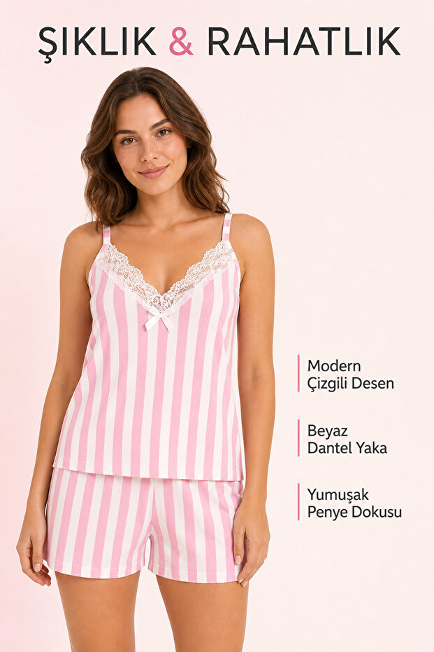 Milan Fabric White Line Patterned Lace Collar Soft Textured Summer Women's Pajama Set Pink