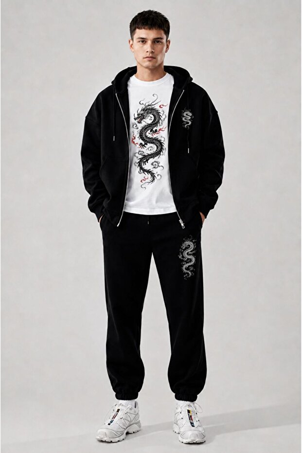 Men's Printed Oversize Zipper Hooded Sweatshirt, Crew Neck T-Shirt and Rubber Cuff Sweatpants Three-Piece Set