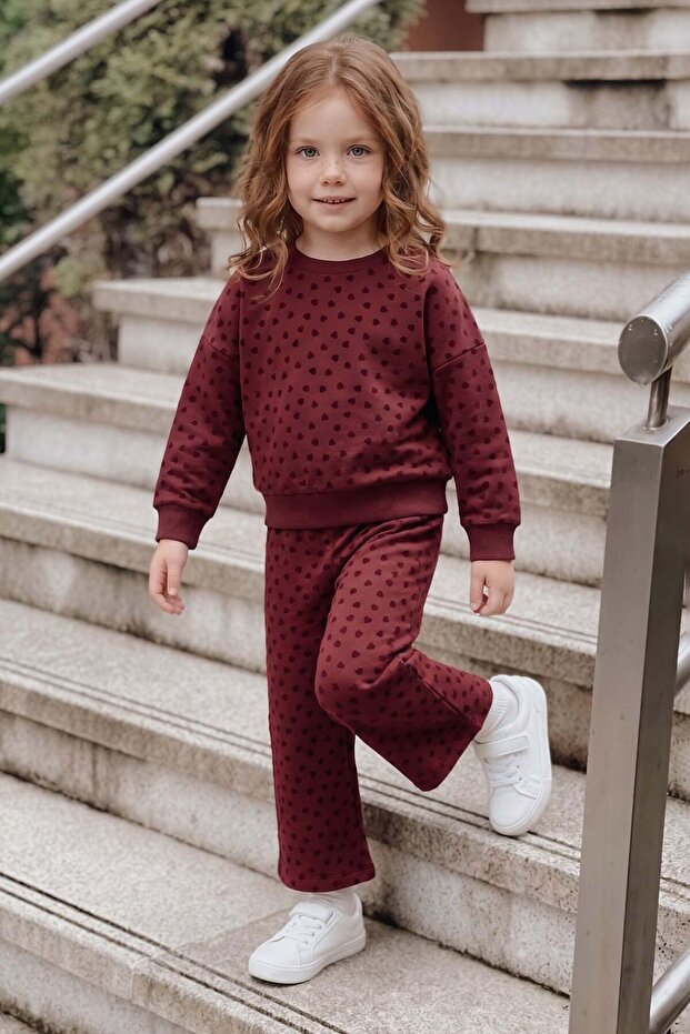 Heart Printed Crew Neck Girls' 2-Piece Set