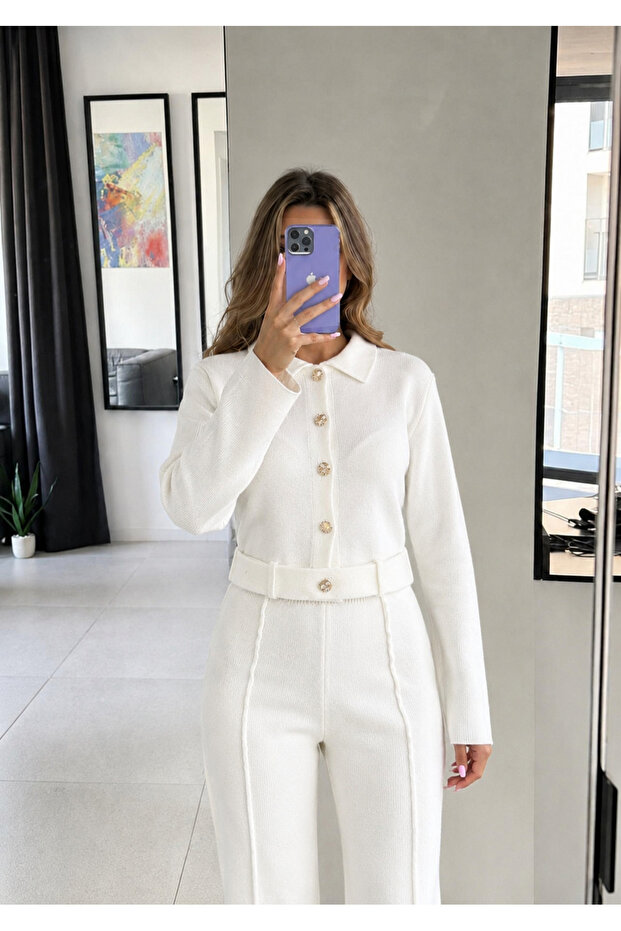 Knitwear Belted Buttoned Blouse Trouser Set