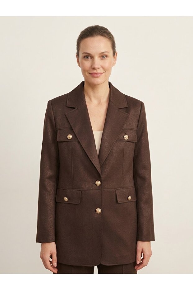Gold Button Detailed Pocketed Blazer Jacket 4149
