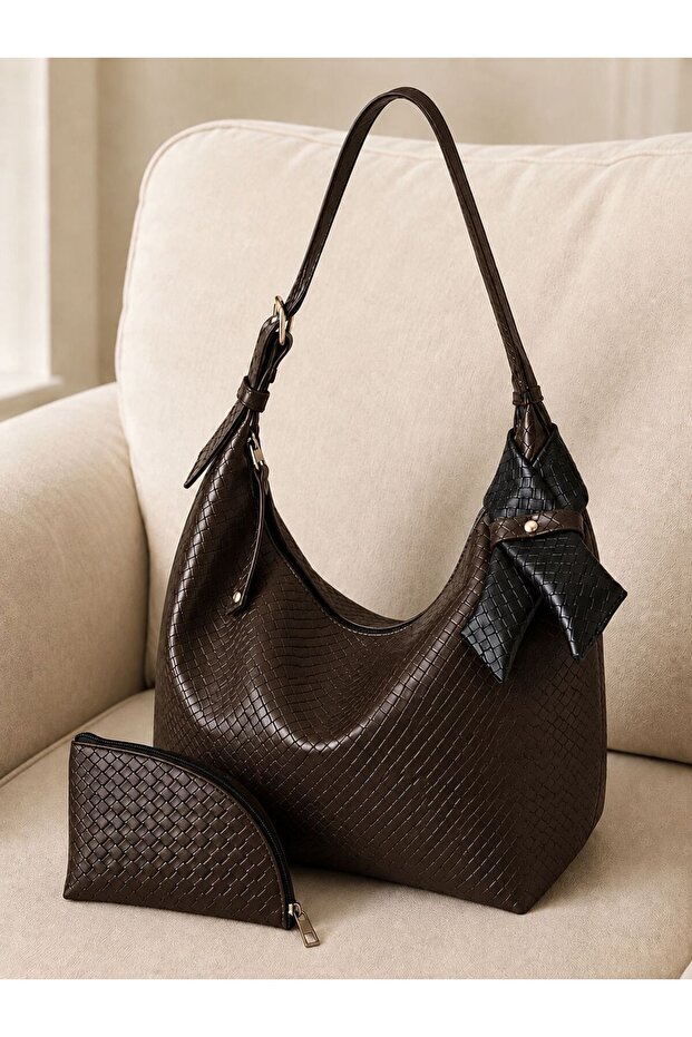 Women's Brown Basket-Patterned Bow Detailed Wallet Shoulder Bag