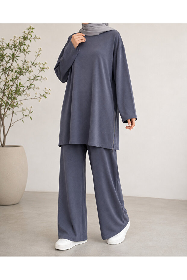 Two-Sided Zipper Detail Long Trousers Suit - Anthracite
