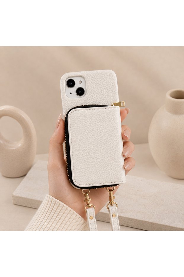 iPhone 15 (6.1 Inch) Compatible Premium Lux Leather Case with Open Sides, Slim Design, Wallet, Zipper, Card Holder, Crossbody Neck Strap, and Drawstring Strap