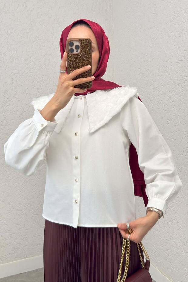 Three Dimensional Collar Detailed Shirt 2282 - White