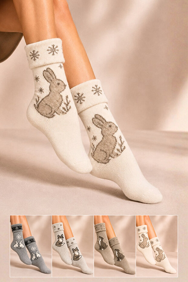Women's Patterned Curly Terry Lambswool Socks 4-Piece Socks