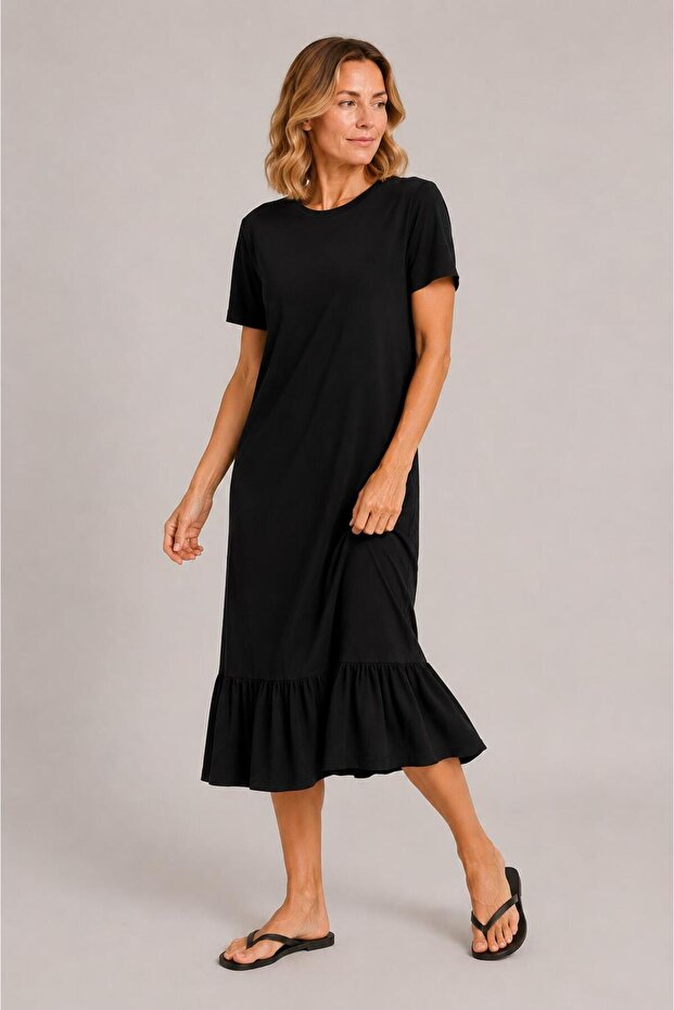 Midi Dress with Ruffle Detail at Hem