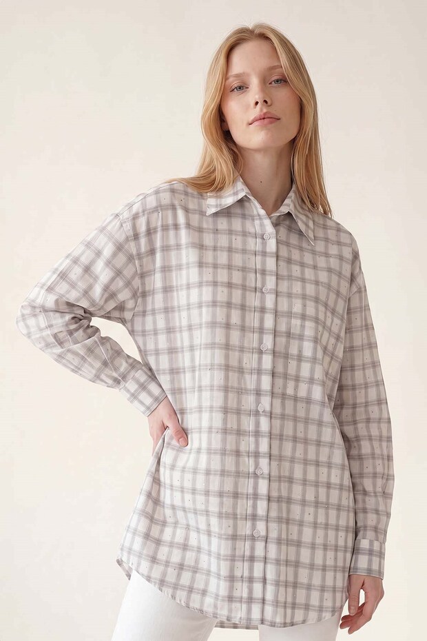 Gray plaid detail stone shirt