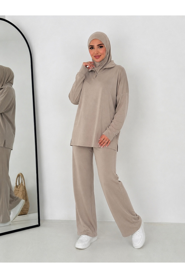Women's Modest Collar Zip-Up Comfort Modal Two-Piece Set