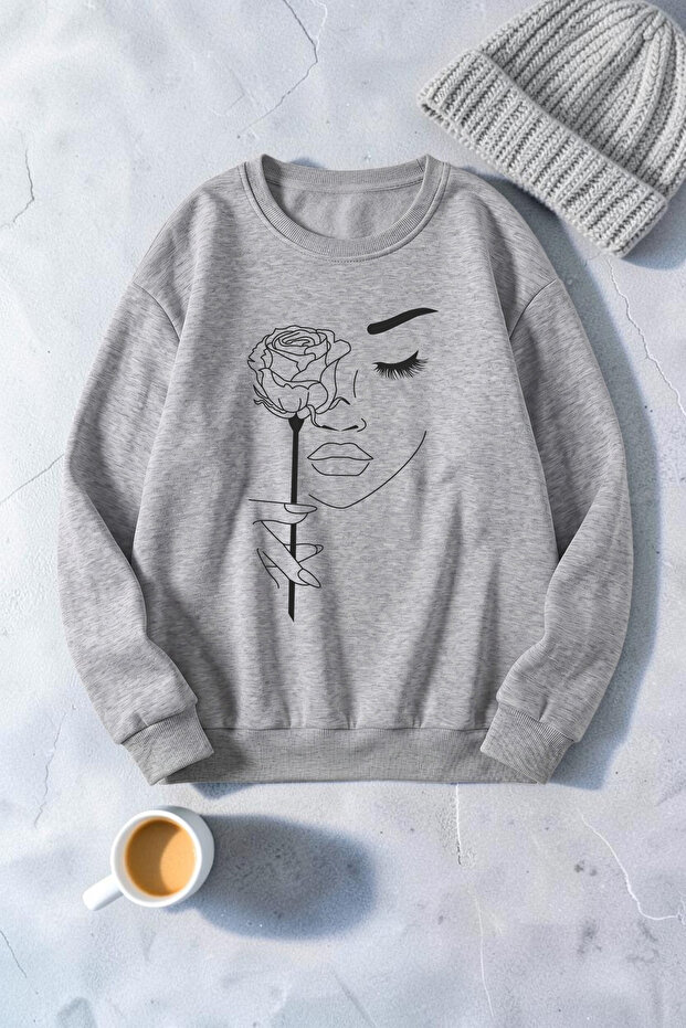 Unisex Rose & Silhouette Printed Crew Neck Sweatshirt