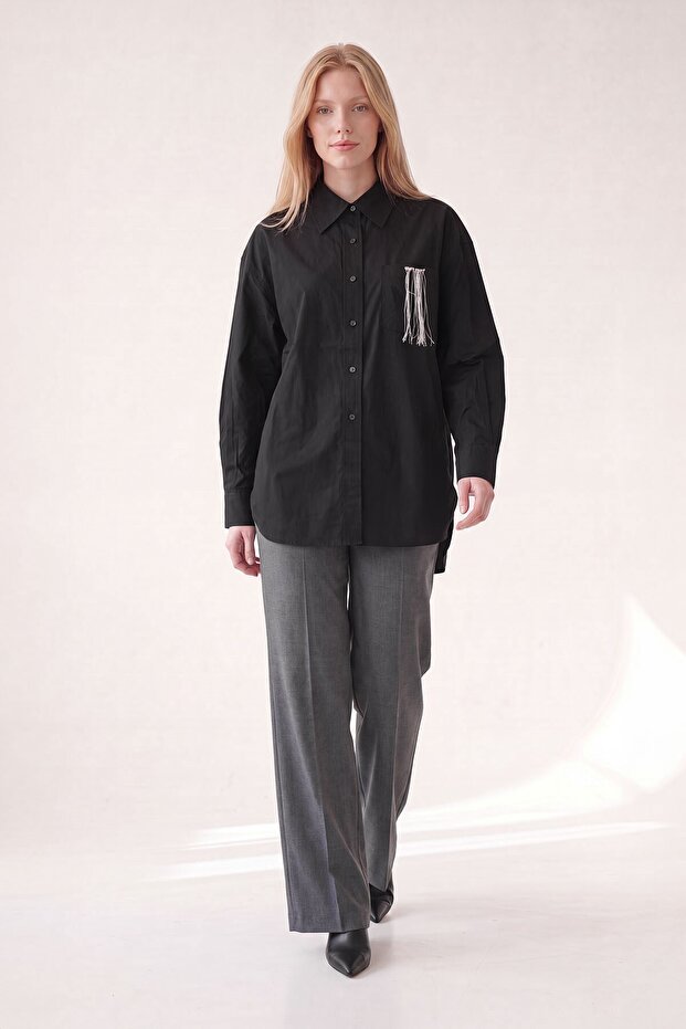 Black poplin shirt with tassel detail