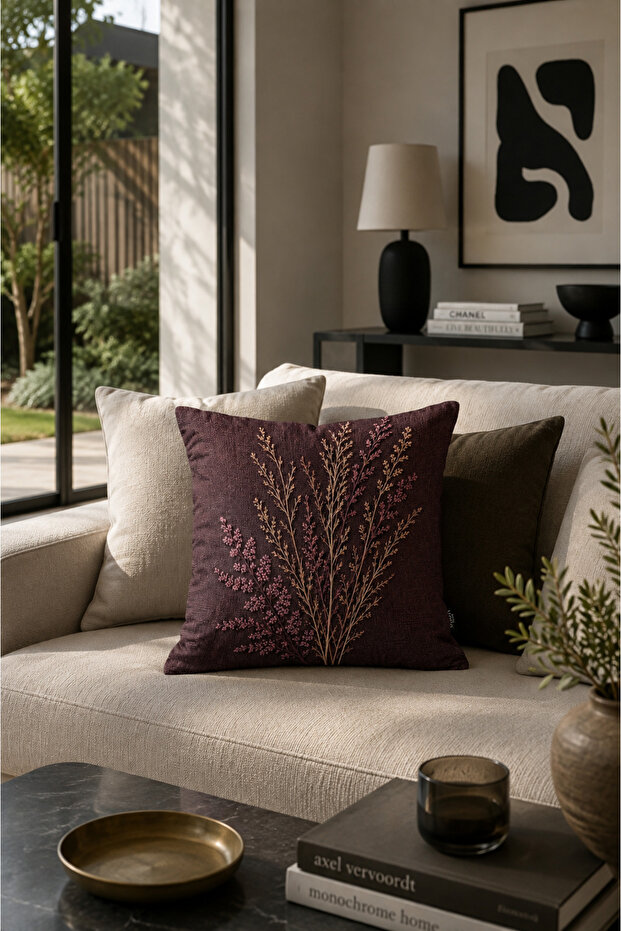 Flora Digital Print Wild Flowers 1Pc Throw Pillow Cover with Embroidered Plum Appearance Botanical Pattern Decorative Living Room Sofa Cushion Decor Double Sided with Hidden Zipper