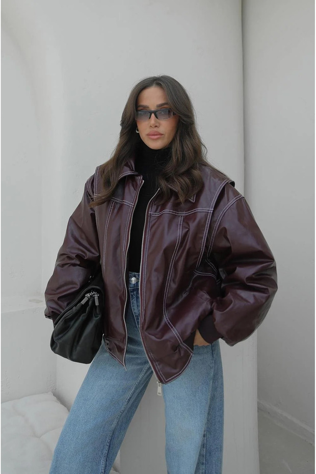 Burgundy Stitched Detailed Lined Leather Jacket - 1071