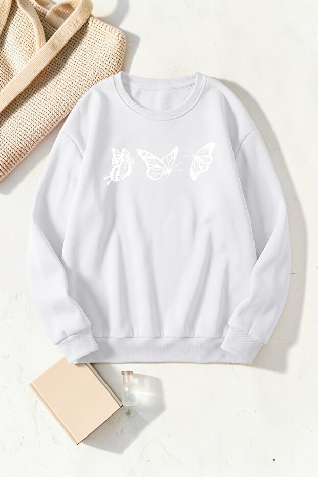 Unisex Flying Butterflies Printed Crew Neck Sweatshirt