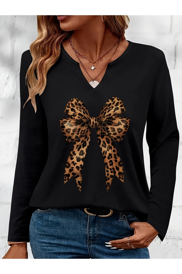 Ribbon Printed Cotton Half V-Neck Long Sleeve Blouse T-Shirt