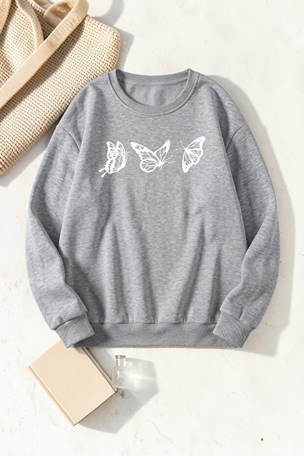 Unisex Flying Butterflies Printed Crew Neck Sweatshirt