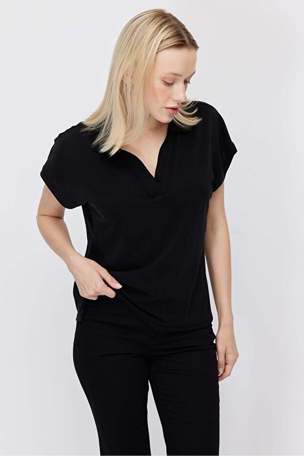 Women's Polo Neck V Cut Short Sleeve Blouse
