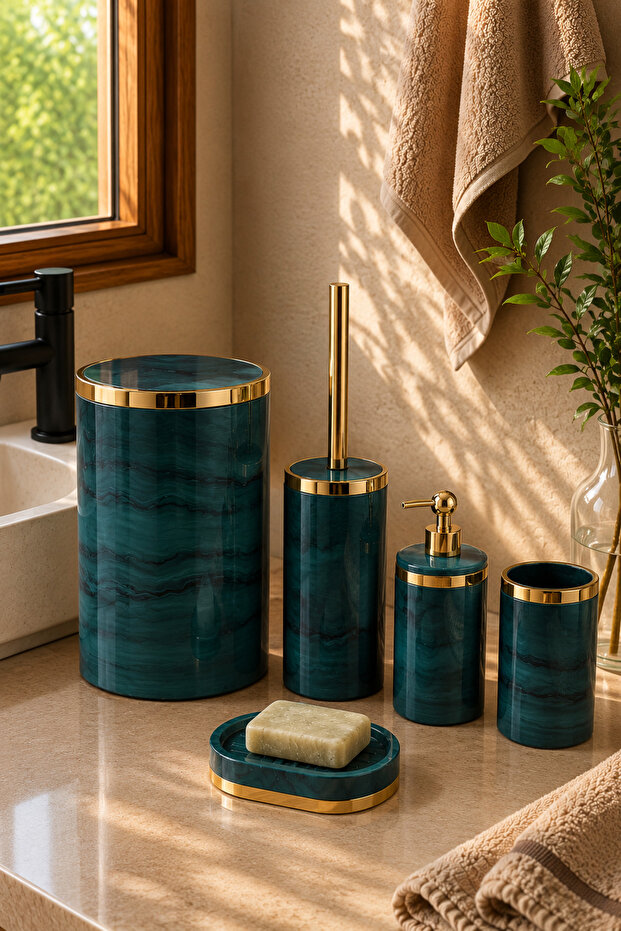 5 Piece Marble Pattern Green Gold Bathroom Set / Wc Brush Holder, Liquid - Solid Soap Dispenser, Trash Can, Toothbrush Holder