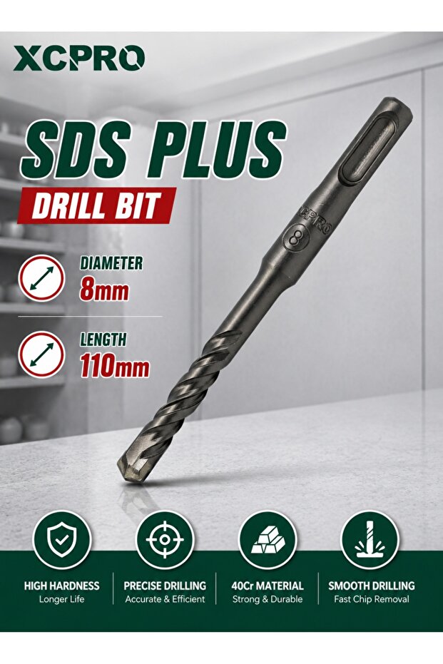 لقمة حفر SDS Plus، لقمة حفر للخرسانة - 8x110 مم برأس كربيد، ساق SDS Plus، لحفر البناء، ملحق للمطرقة الدوارة