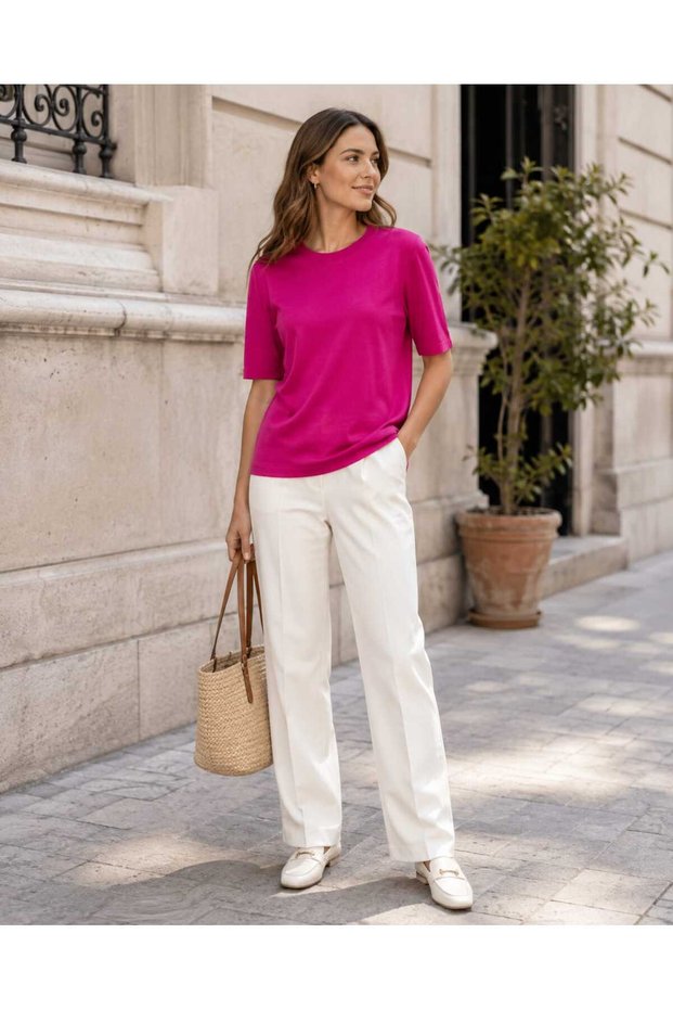 Women's Crew Neck Short Sleeve Mercerized Knitwear Blouse with Drop Back Detail