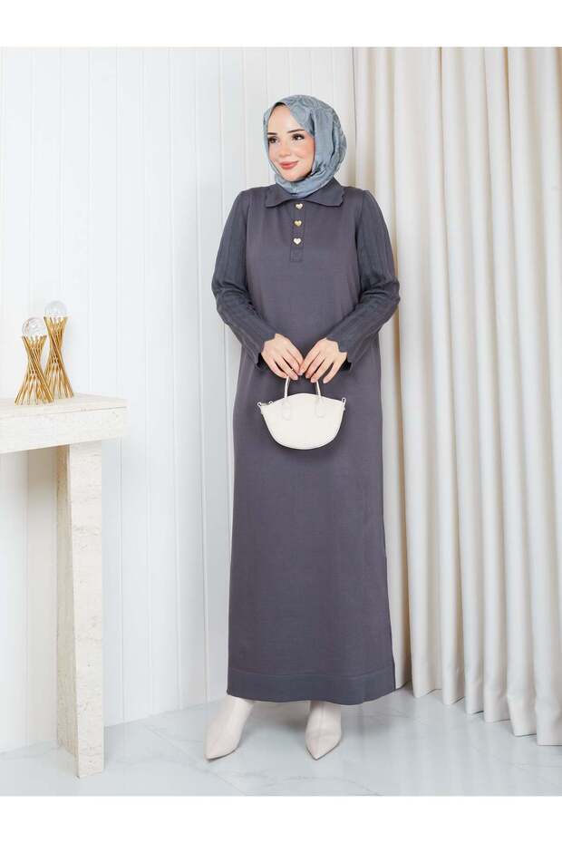 Heart Buttoned Beautiful Sleeved Knitwear Dress Gray