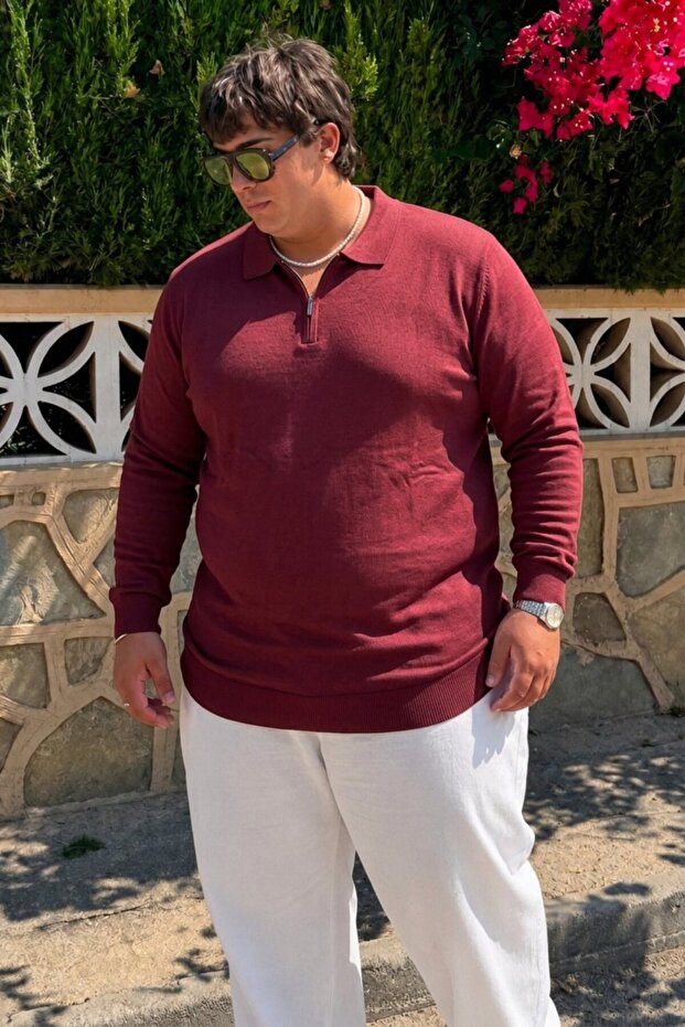 Men's Thick Premium Large Size Burgundy Zippered Sweatshirt