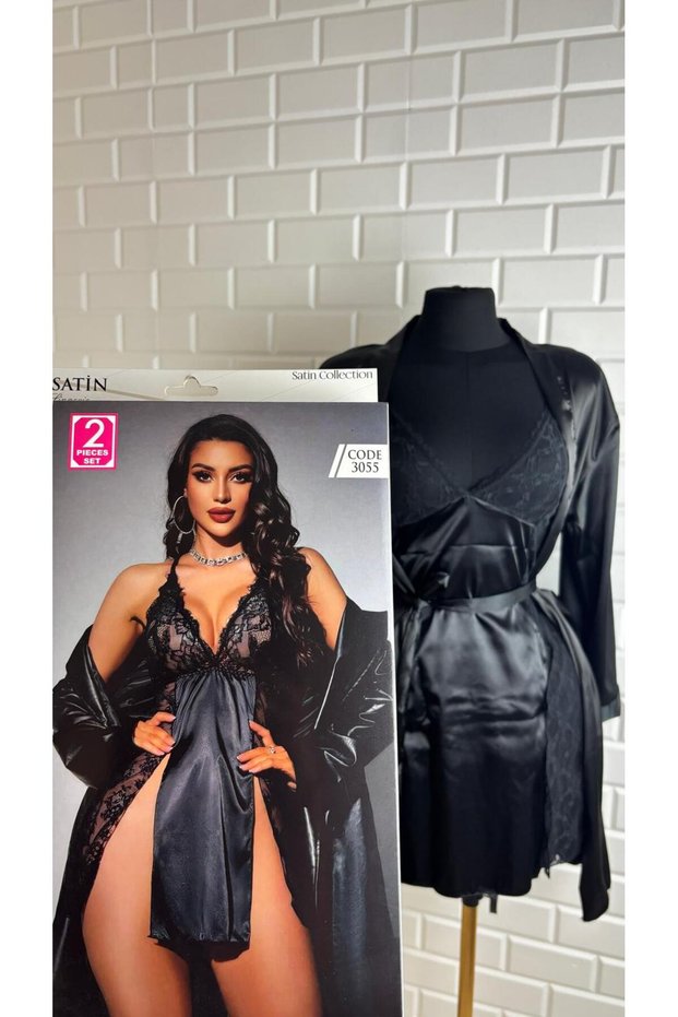 Women's Lace-Detail Satin Belted Dressing Gown and Nightwear Set