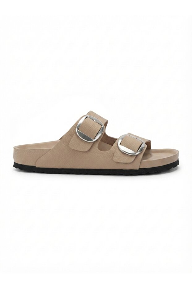 Mk205 Beige Genuine Leather Full Covered Cork Sole Double Buckle Unisex Orthopedic Slippers