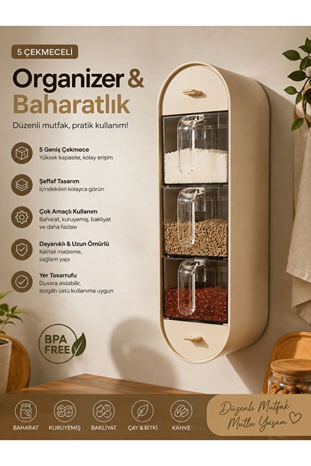 Multi-Purpose 5-Compartment Spice Rack & Kitchen Organizer with Drawers
