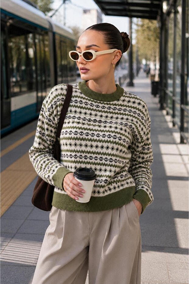 Women's Patterned Crew Neck Knitwear Knitted Sweater 265229 -