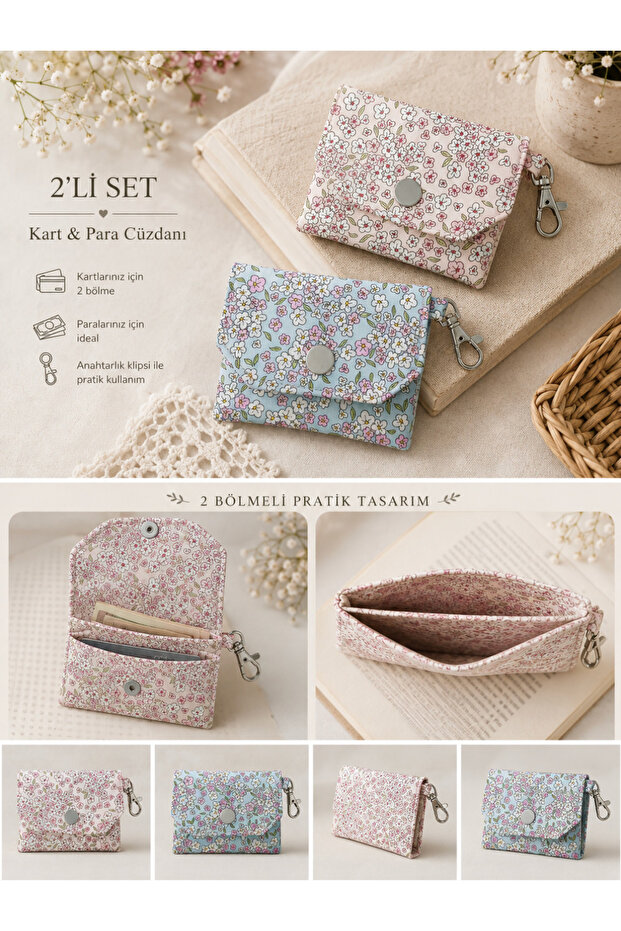 Crispy Flowers Pink&Blue 2 Piece Wallet Set 11 X 8 cm