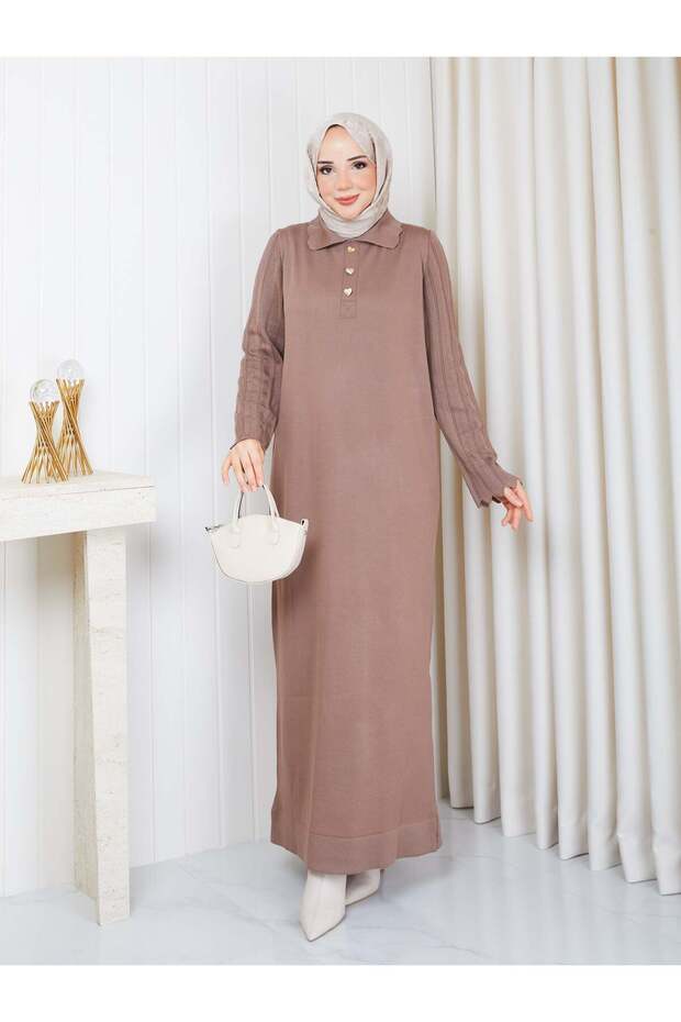 Heart Buttoned Beautiful Sleeved Knitwear Dress in Tan
