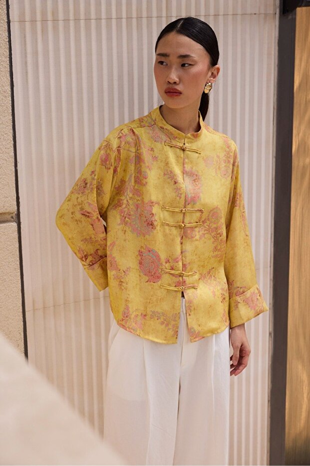 Women's Yellow Patterned Stand Collar Vintage Buttoned Satin Blouse Jacket