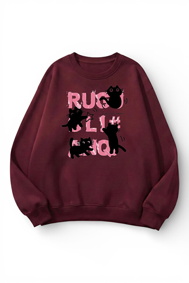 Unisex Soft Textured Cat Chaos Printed Design Oversize 3 Thread Crew Neck Sweatshirt