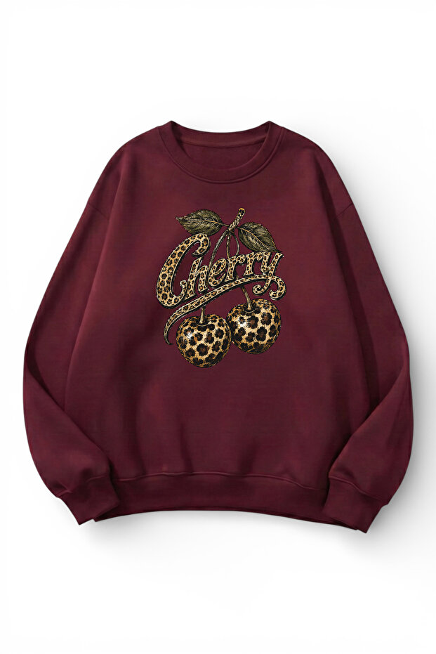 Unisex Soft Textured Leopard Cherry Printed Design Oversize 3 Thread Crew Neck Sweatshirt