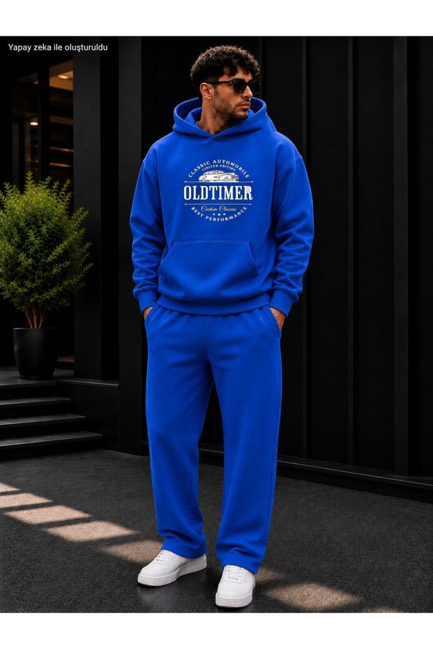 Men's Oldtimer Classic Automobile Printed Tracksuit Set / Hooded Sweatshirt and Straight-Leg Bottoms