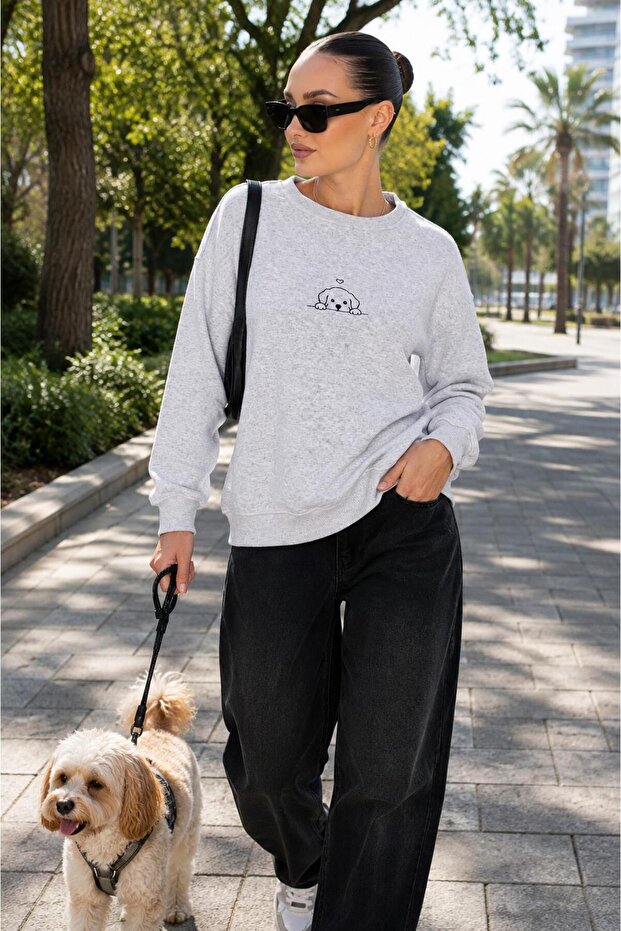 Women's Dog Embroidered Three-Thread Sweatshirt 265134 -
