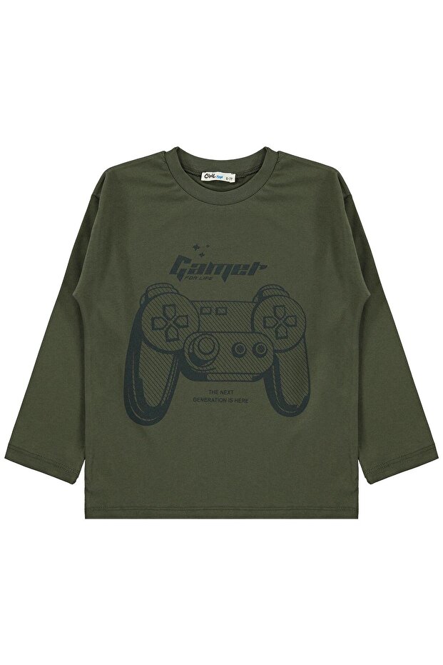 Game Console Printed Sweatshirt for Ages 6-9 Km - Khaki