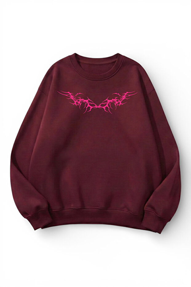 Unisex Soft Textured Tribal Printed Design Oversize 3 Yarn Crew Neck Sweatshirt