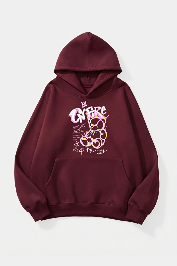 Unisex Soft Textured on Fire Risk Printed Design Oversize 3 Thread Hoodie Sweatshirt