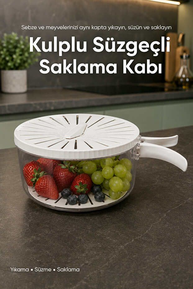 Transparent Storage Container with Handle and Strainer, Lid, Vegetable and Fruit Washing and Preservation Container