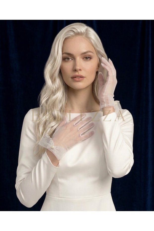 White Tulle Bridal Gloves - Elegant Wedding and Bridal Gloves with Pearl Bow Detail 