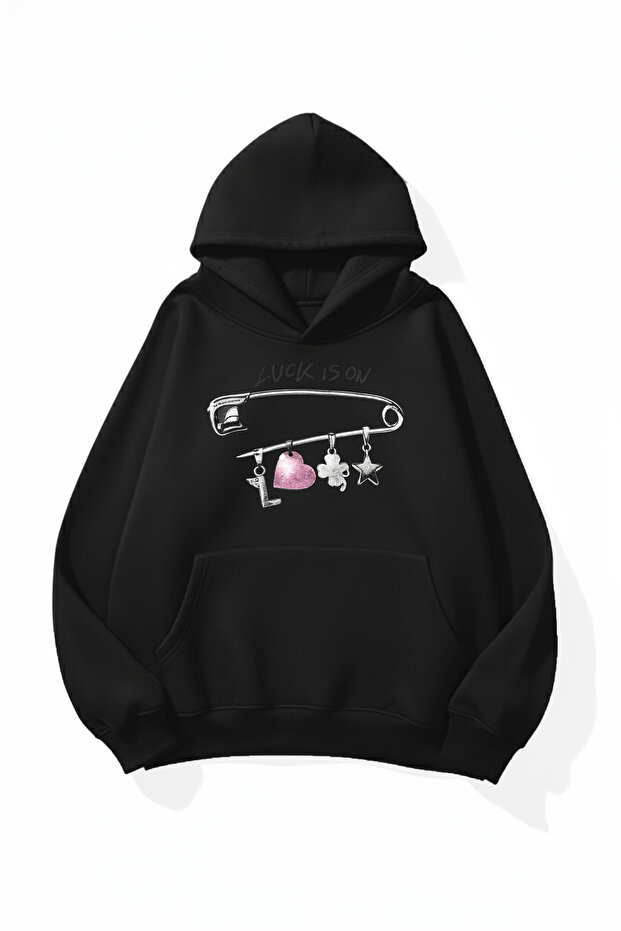 Unisex Soft Textured Luck Printed Design Oversize 3 Thread Hoodie Sweatshirt
