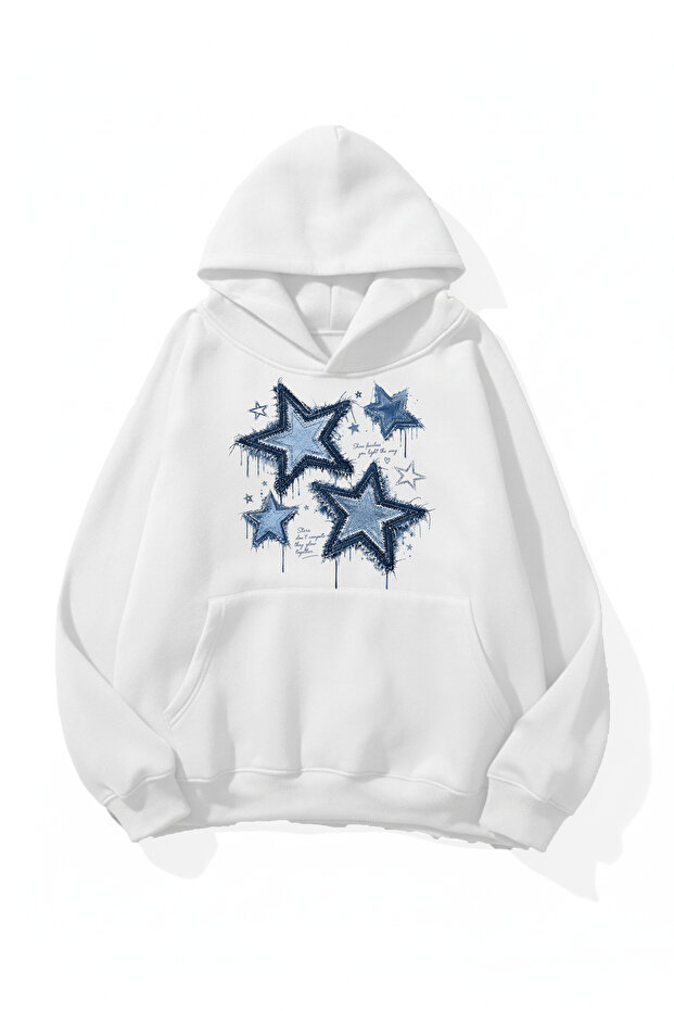Unisex Soft Textured Denim Stars Printed Design Oversize 3 Thread Hoodie Sweatshirt