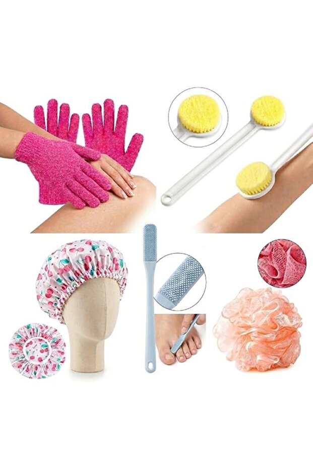 5-Piece Bath and Shower Spa Set with Exfoliating Gloves, Long Handle Brush, Loofah Ball, and Printed Shower Cap