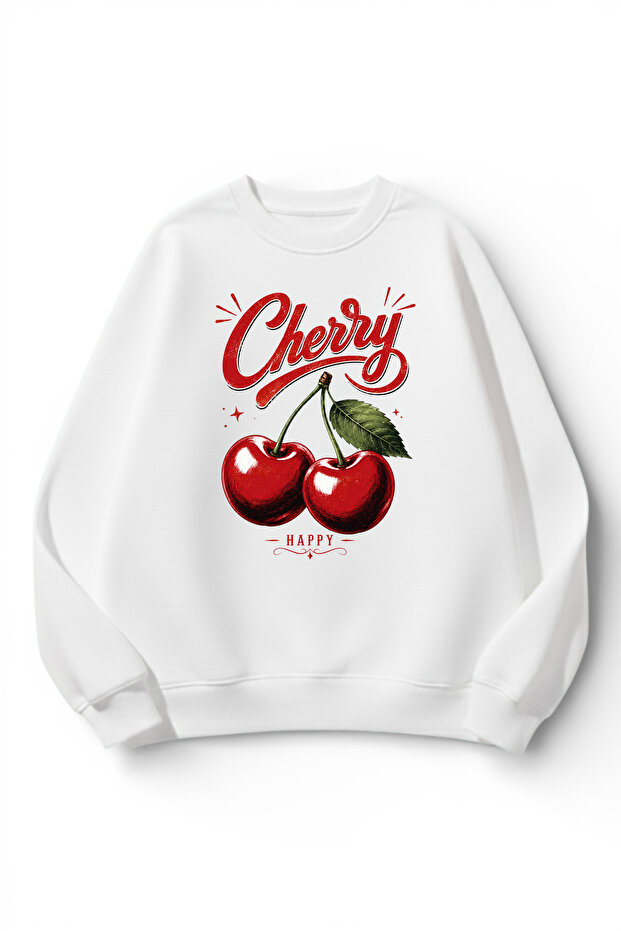 Unisex Soft Textured Retro Cherry Printed Design Oversize 3 Thread Crew Neck Sweatshirt